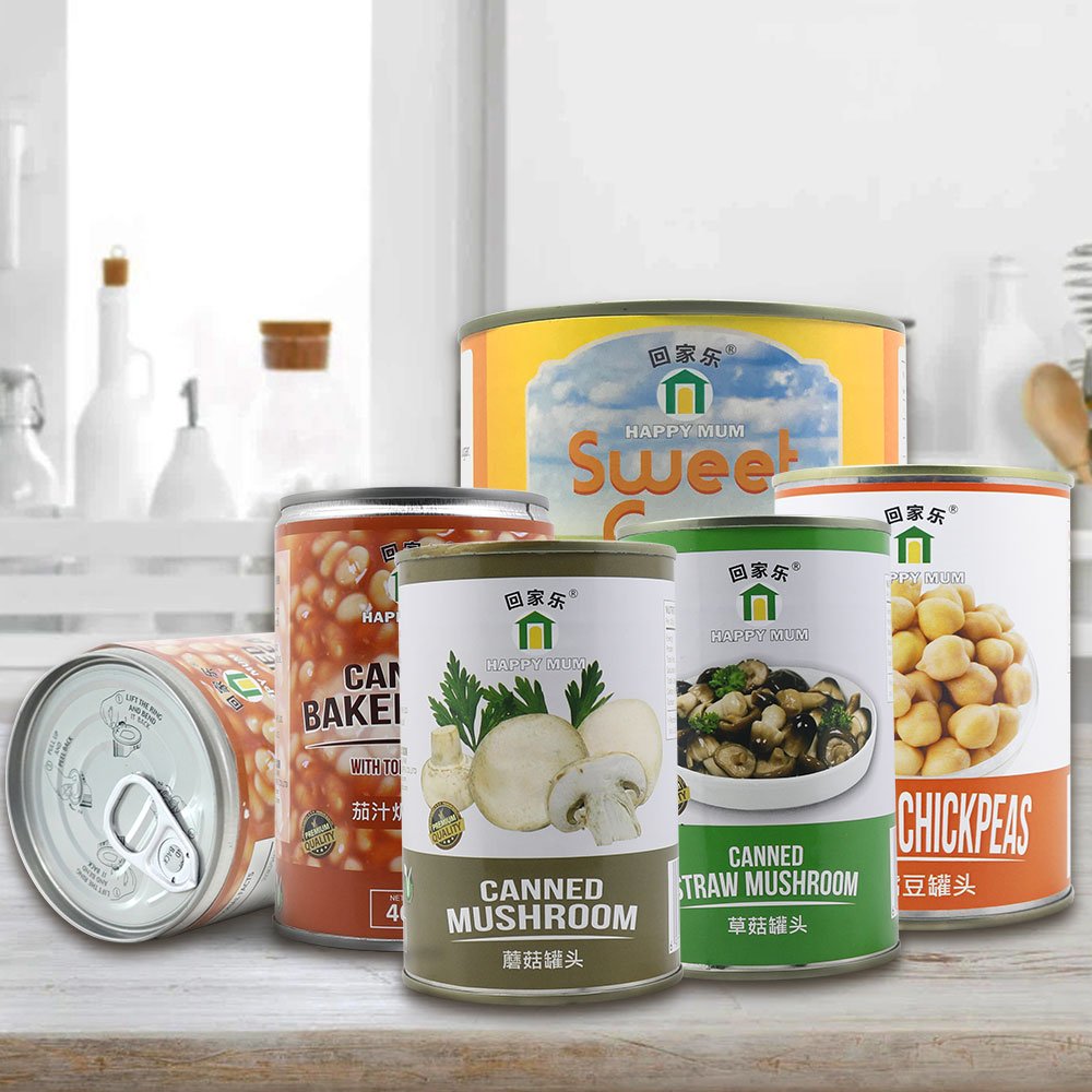 Fresh Vegetable Can Shiitake Tin Tomato Baked Beans Chickpeas Straw Slice Whole Mushroom Canned Sweet Corn