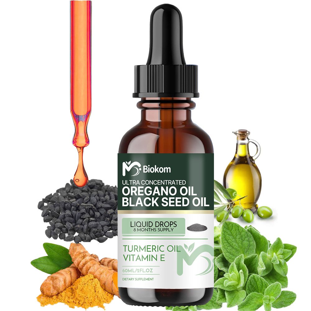 4 in 1 Organic Oil of Oregano Liquid Drops with Black Seed Oil, Turmeric Oil & Vitamin E for Immune Respiratory and Digestive